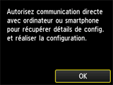 Écran Configuration sans câble : permet la communication directe avec un ordinateur ou un smartphone, etc., pour récupérer les informations de paramétrage et la configuration.
